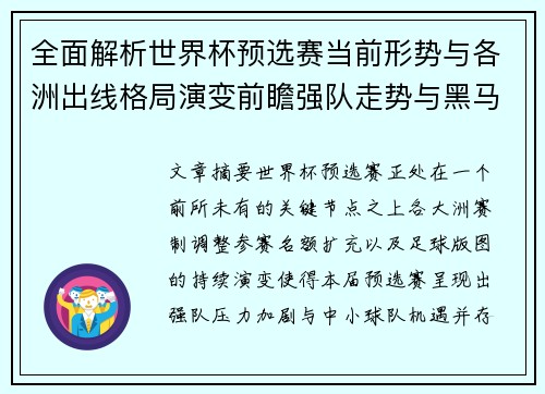 全面解析世界杯预选赛当前形势与各洲出线格局演变前瞻强队走势与黑马机会