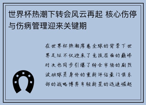 世界杯热潮下转会风云再起 核心伤停与伤病管理迎来关键期